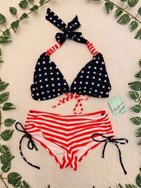 MARINA Navy & Red Stars and Stripes Halter Bikini Set, July
